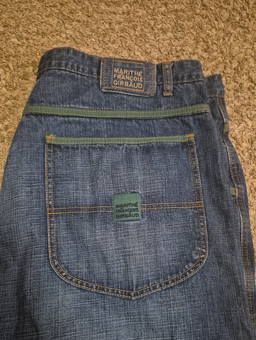 Rare 90s Marithe Francois Girbaud Men’s Blue Denim Jeans with Green Accents